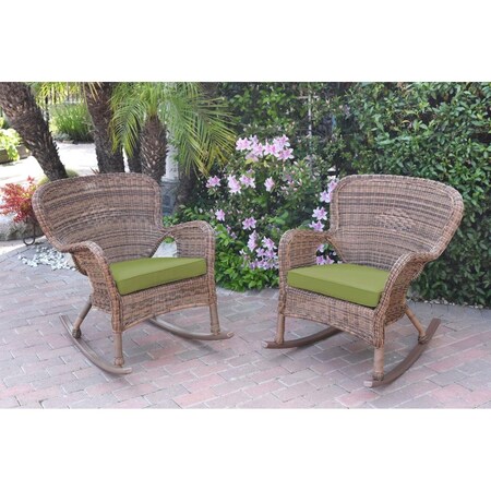 Jeco W00212-R-2-FS029 Windsor Honey Resin Wicker Rocker Chair with Green Cushion, 2PK W00212-R_2-FS029